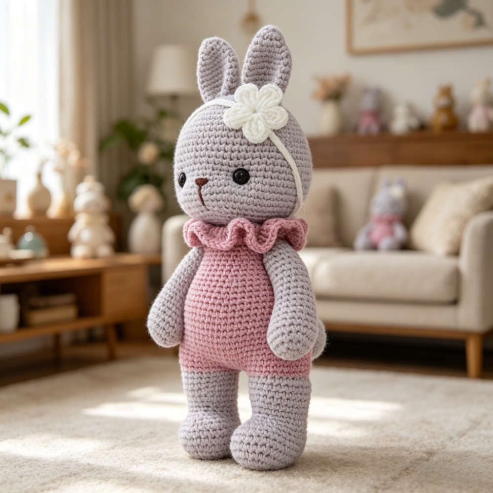 1pc cute bunny crochet kit for beginners complete amigurumi rabbit plush doll craft set with all materials yarn tools step by step instructions handmade knitted bunny with flower headband perfect gift for kids   home decor Product details 1