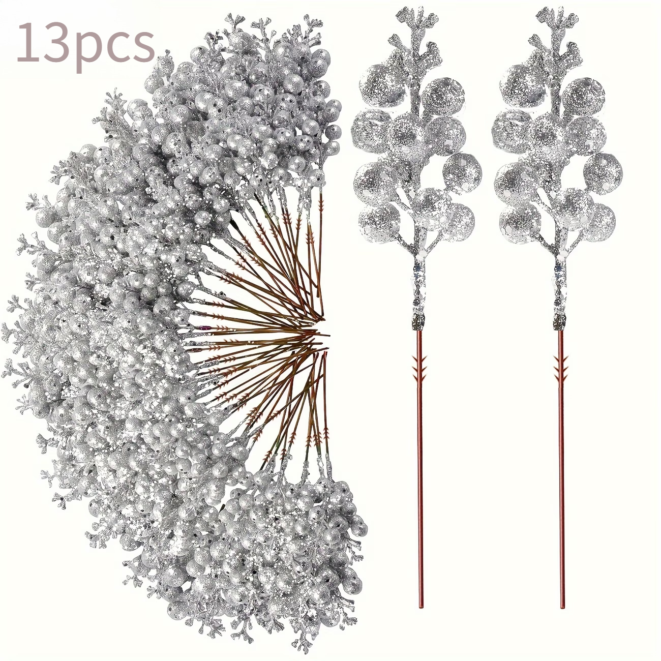 TEMU 13pcs Glittering Artificial Berry Christmas Branch, Artificial Decorative Ornament For Christmas Tree Wreath Diy Craft Gift, Decor Accent,