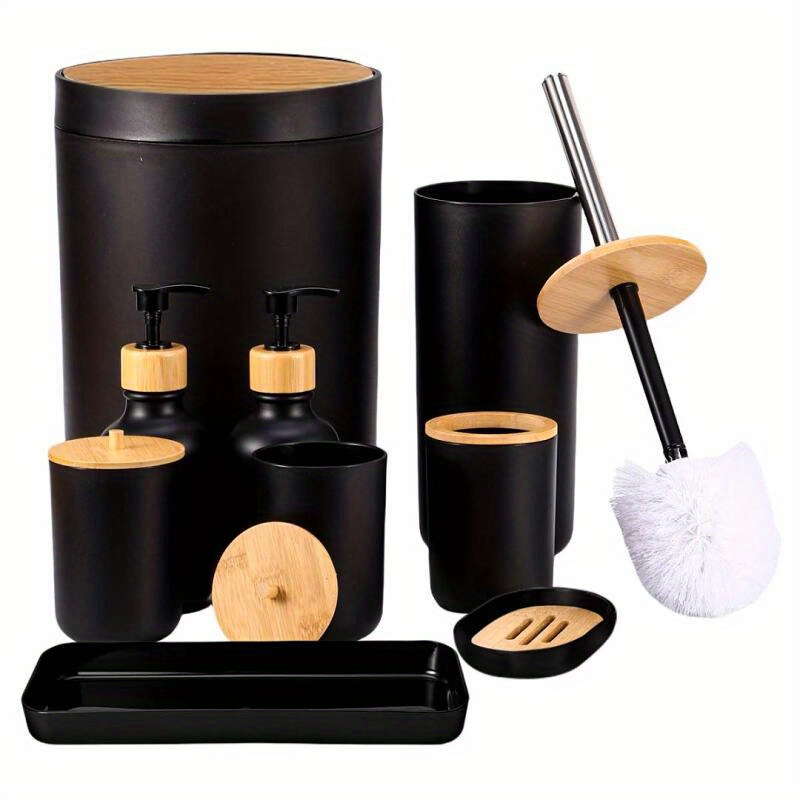 TEMU Black Bathroom Accessories Set 9pcs, Matte Black Bathroom Accessory Sets Complete With Trash Can, Soap Dispenser And Toothbrush Holder Set, Soap