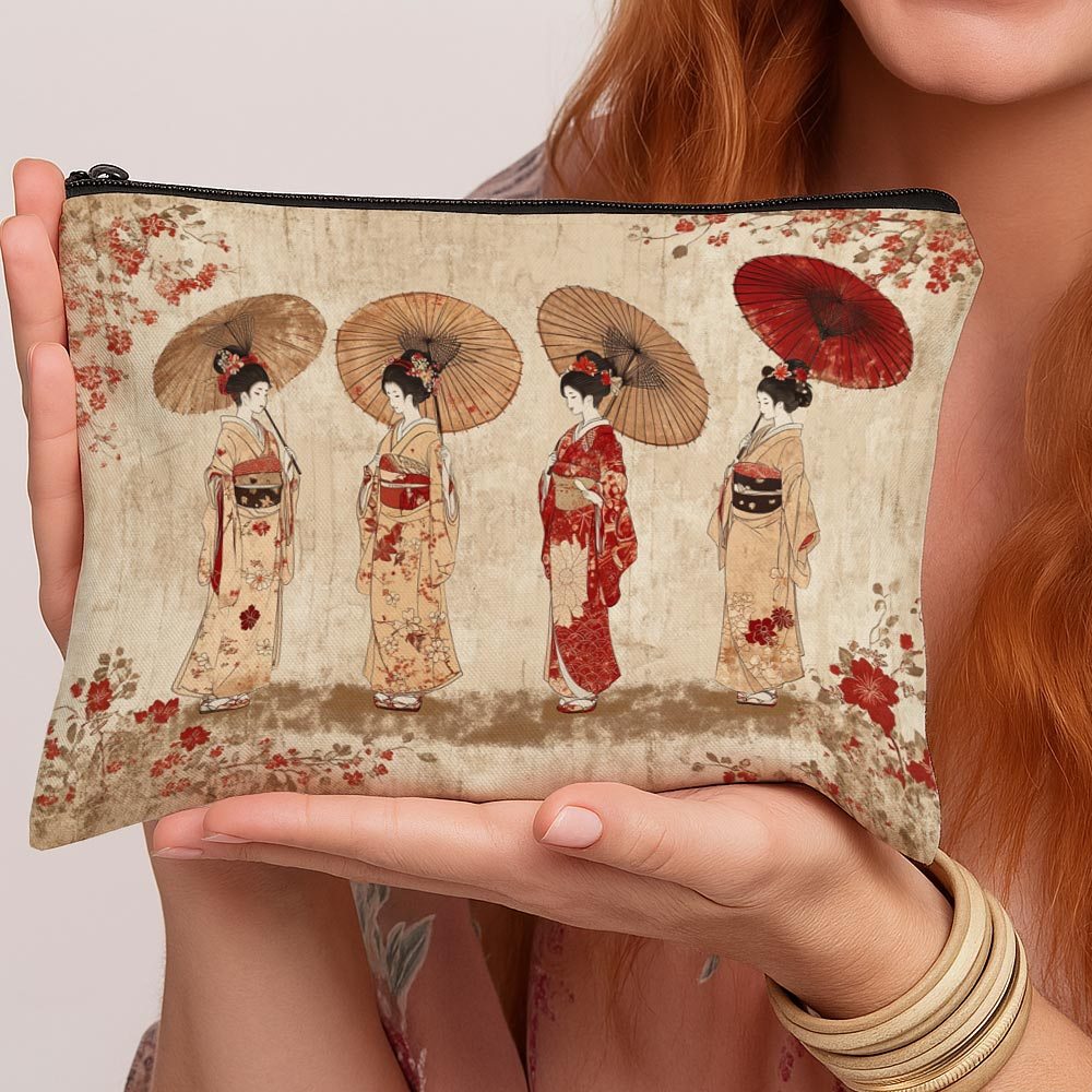 TEMU 1pc Japanese Geisha & Kimono Design Vintage Makeup Bag - Zippered Travel Toiletry Organizer, Portable Cosmetic Pouch With Japanese Aesthetic For