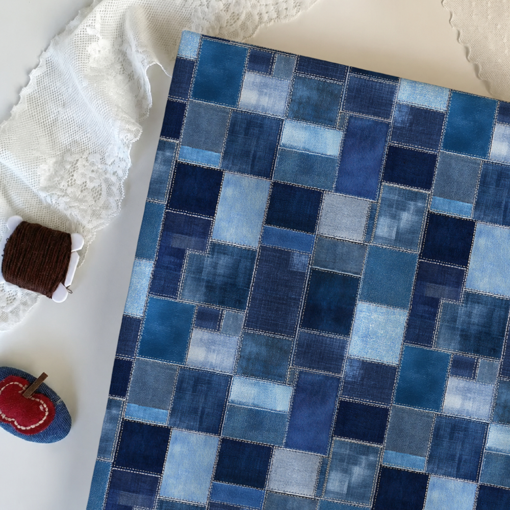 TEMU 1pc Blue Denim Quilted Pattern Printed Pre-cut Sewing Fabric - Available - Single-sided Printed Cloth - Clever Combination Of Of Colors -