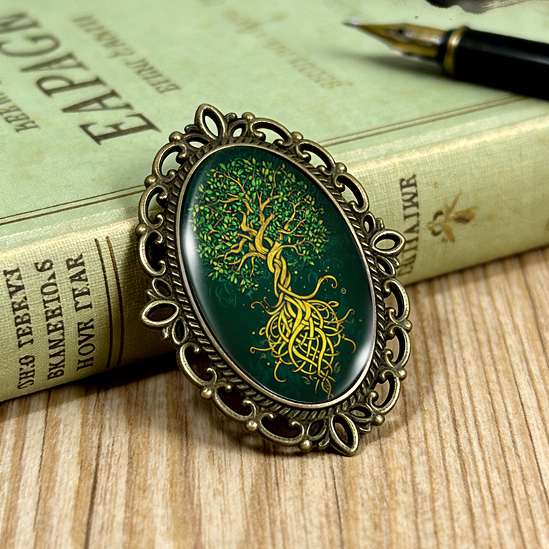 TEMU 1pc Broche Arbre de Vie Mystique Ovale Bordure Dentelle Broches en Verre Vêtements Sac à Dos Accessoire Cadeau Idéal