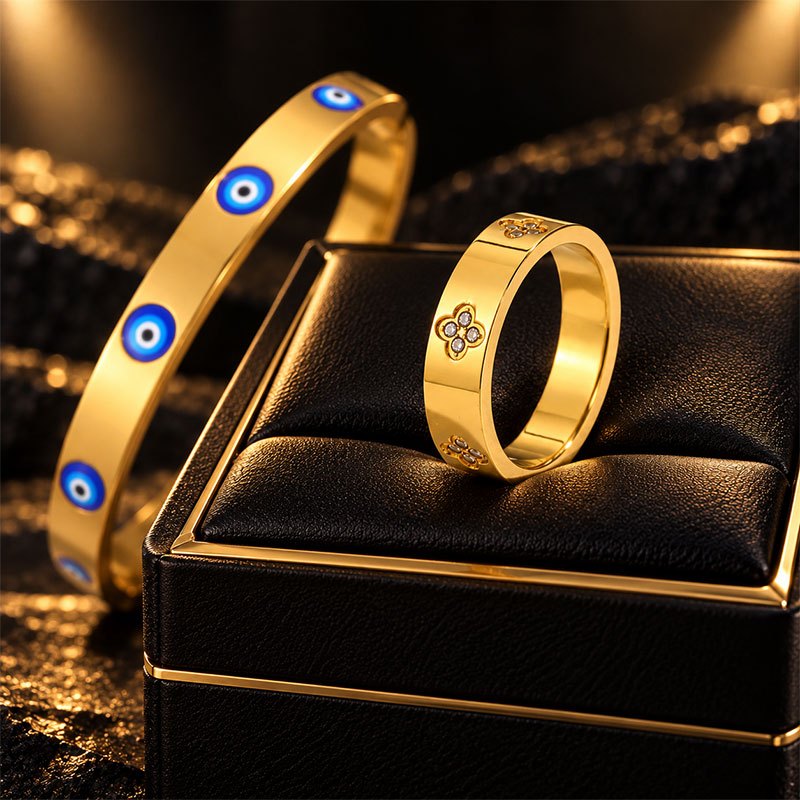 Women's Evil Eye Bracelet and Ring 2pcs Set