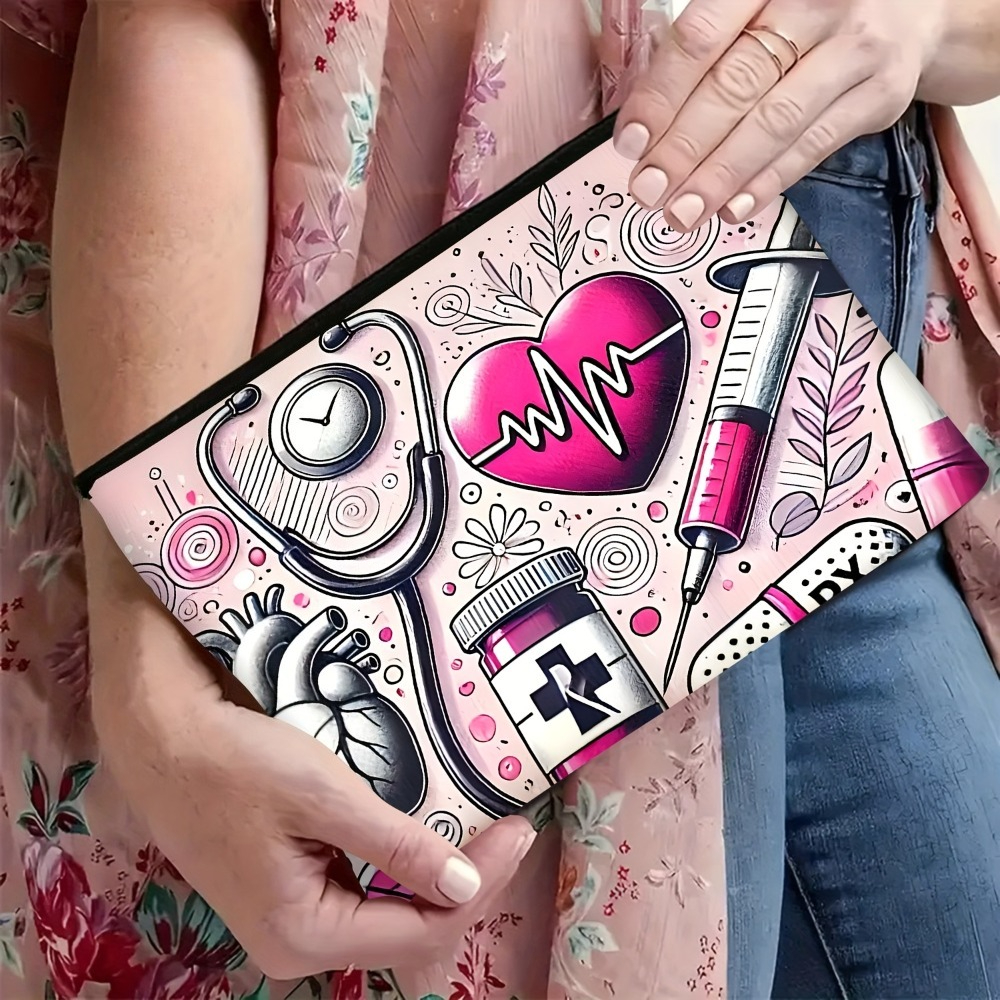 TEMU 1pc Pink Themed Travel Makeup Bag - Durable Double-zipper Pouch With Stethoscope And , Machine Washable For Women, Gym, Camping, Business Travel