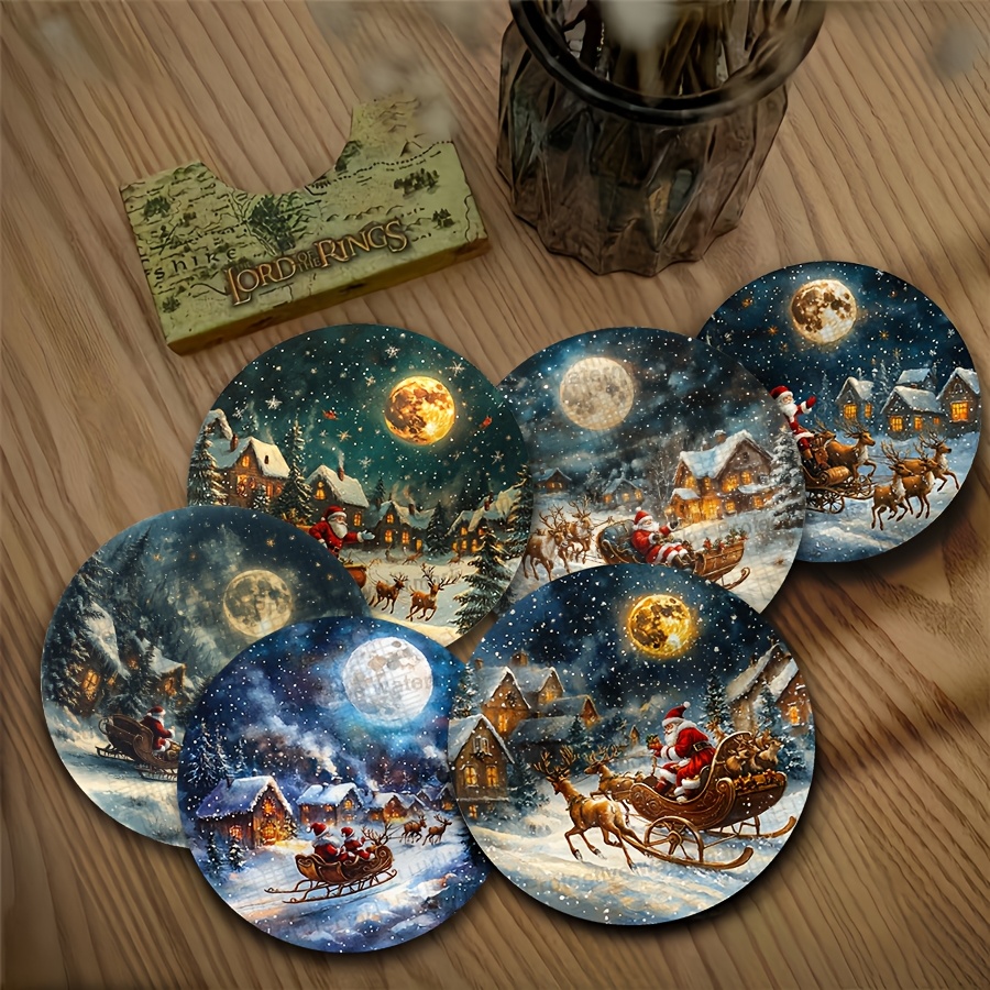 TEMU A Set Of Wooden Coasters Featuring Designs Of Santa Claus, His Sleigh, And Reindeer. Perfect For , Offices, Holiday Decorations, Birthday And