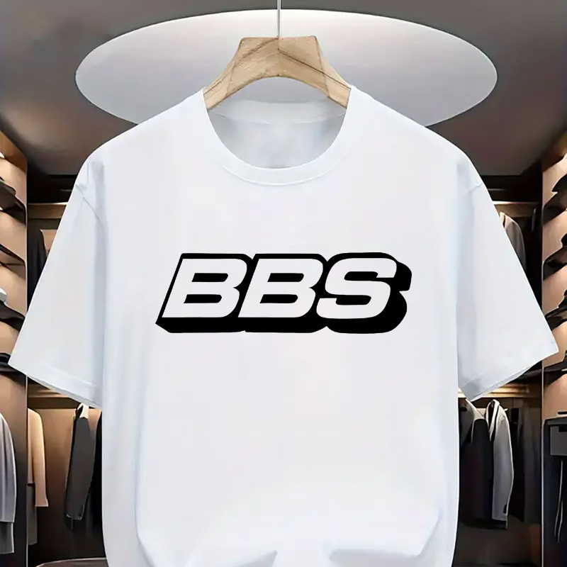 

Bbs Letter Neck T-shirt For Men - 100% Polyester Knit Fabric, Regular Fit, , For Sports And Outdoor, Short Sleeve Summer Tee With Stretch - Daily & Weekend Casual Wear