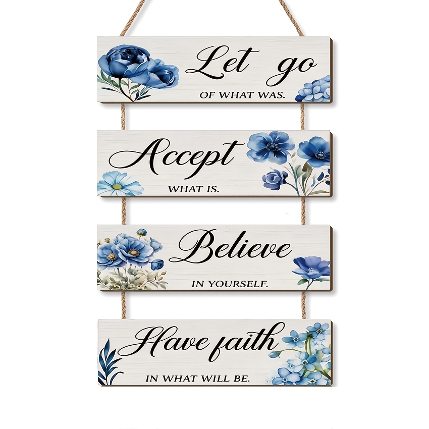 TEMU 4pcs Set Of Blue Flower Motivational Wooden Plaques Watercolor Four-piece Wall Hanging Decor Living Room Study Positive Energy Decoration