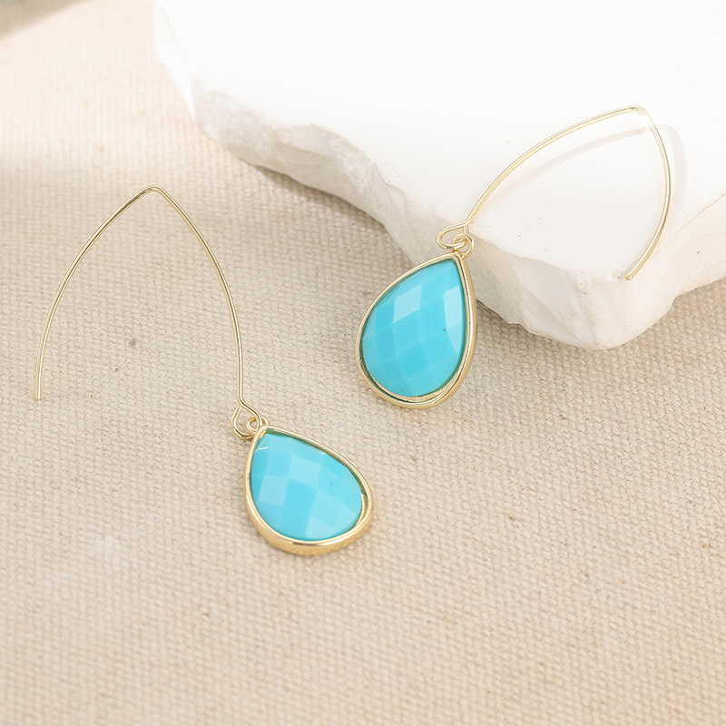 Golden Hook Long Teardrop Blue Resin Dangle Earrings, Elegant Gift