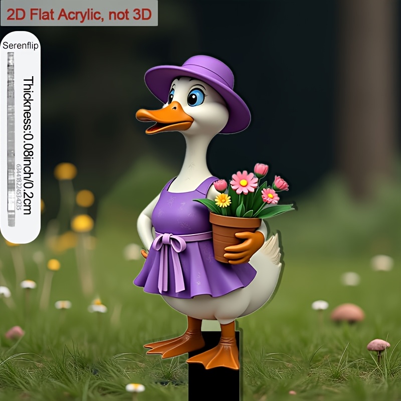 TEMU 2d Flat, [2d Flat] 2d Flat Floor Insert - Cartoon Duck With Purple Dress And Flower Basket, Decorative Plant And Lawn Ornament, Battery-free,