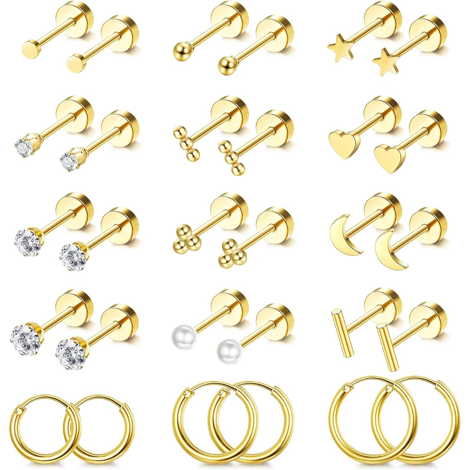 2d Flat, 15pairs Small Hypoallergenic Flat Back Stud Earrings For Women Men Surgical Stainless Steel Earring Sets Tiny Screw Back Cartilage Earring