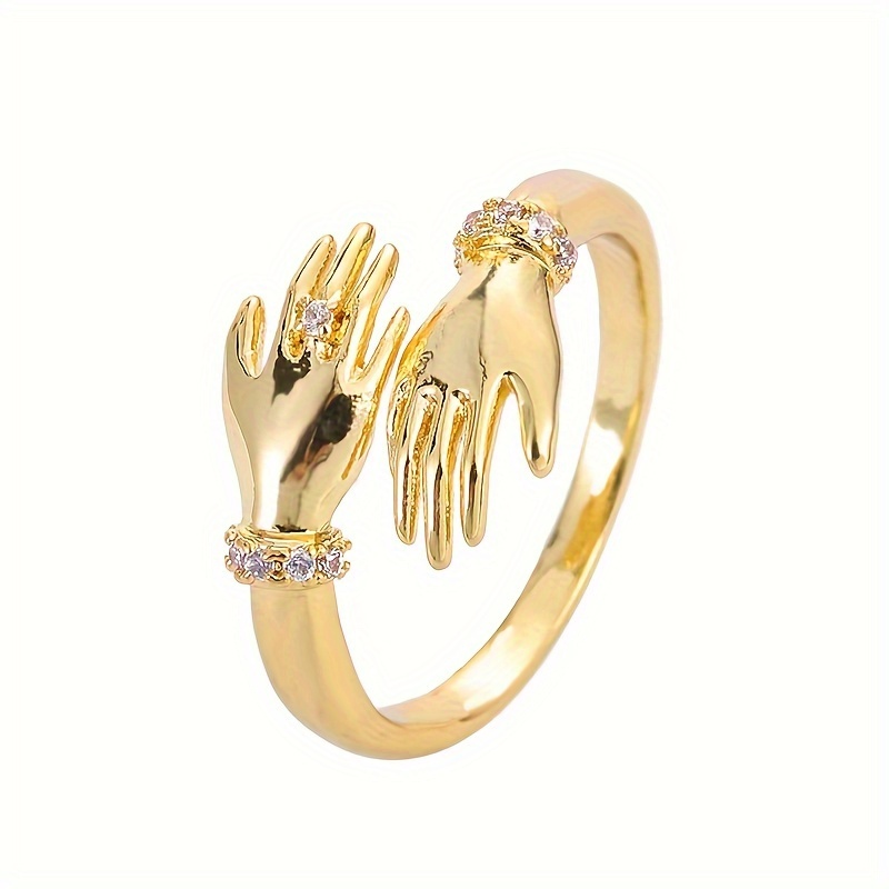 TEMU Anillo de a y exquisito con diseño de anillo abierto ajustable y motivo de manos abrazándose. moderno anillo de cobre engastado con piedras de
