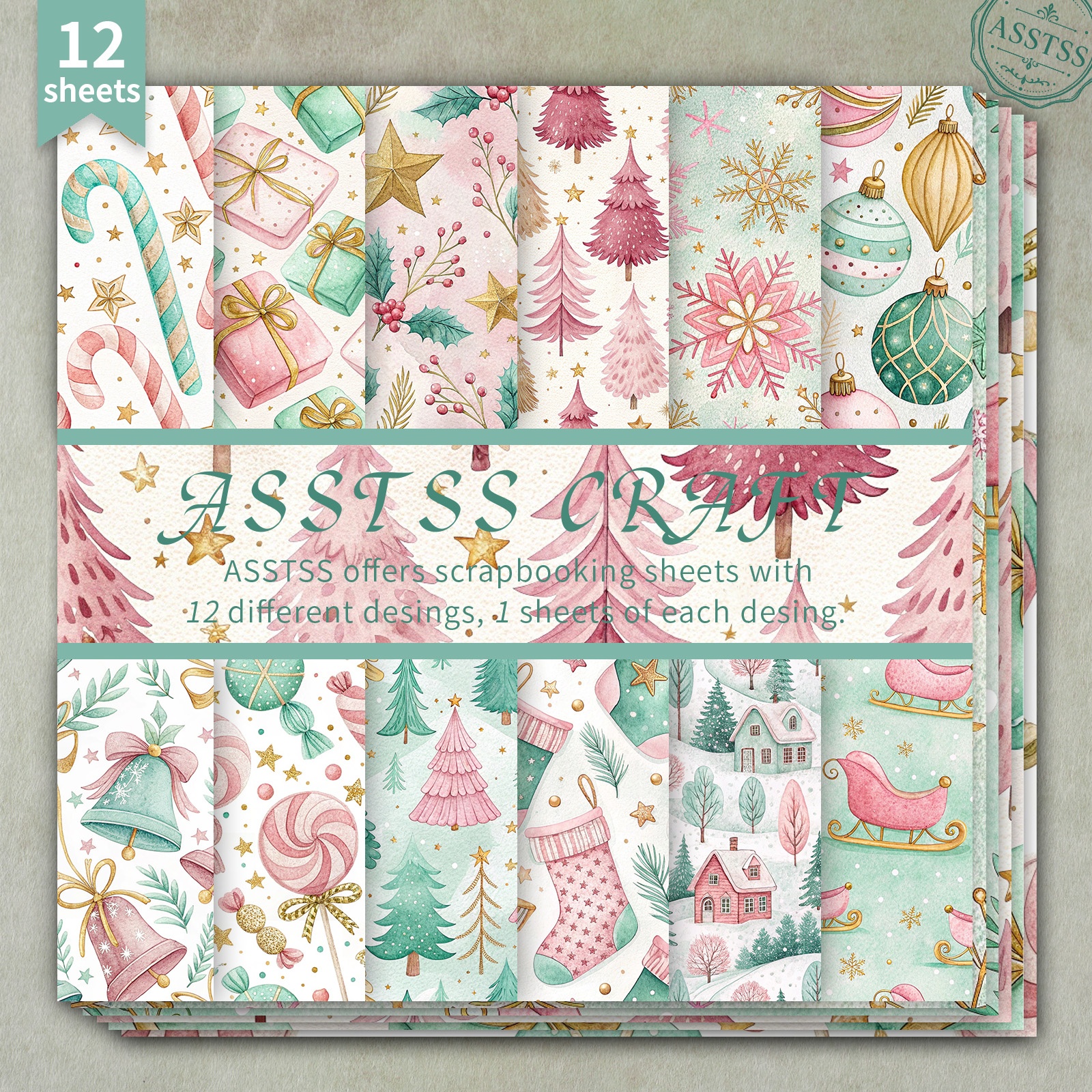TEMU Lot de 12 feuilles de papier scrapbooking ASSTSS de 6X6 pouces, papier de base rose et vert pour Noël, style cadeau de bonbons d'arbre de Noël,