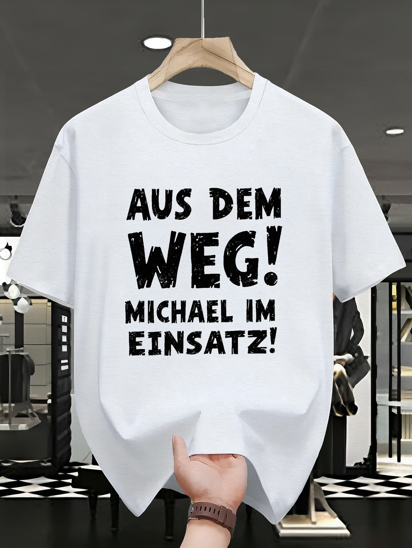 mens casual short sleeve t shirt with   german text michael   print white with black graphic geometric pattern round neck machine washable summer tee for adults   shirt