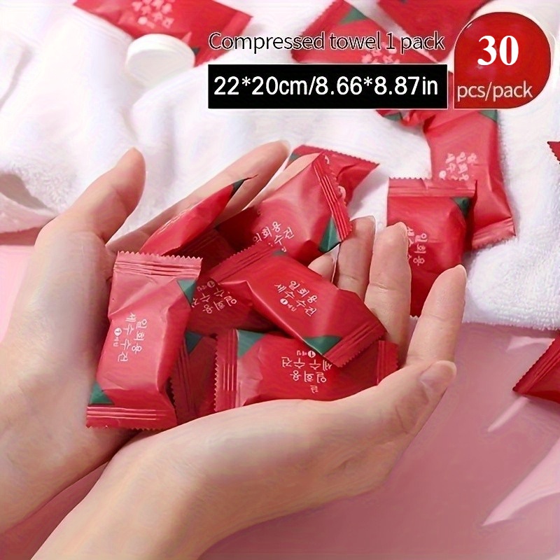 Image of 30pcs Compressed Towels, Travel Size Thickened Square Towels, Portable Camping Candy Facial Cleansing Wipes, Compressed Disposable Face Towels
