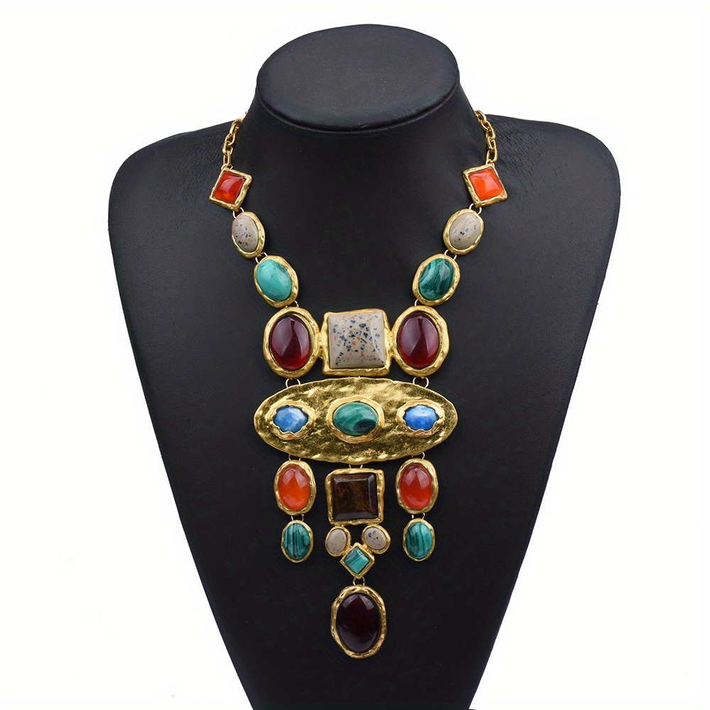 Vintage Geometric Necklace with Crystals, Golden Plated