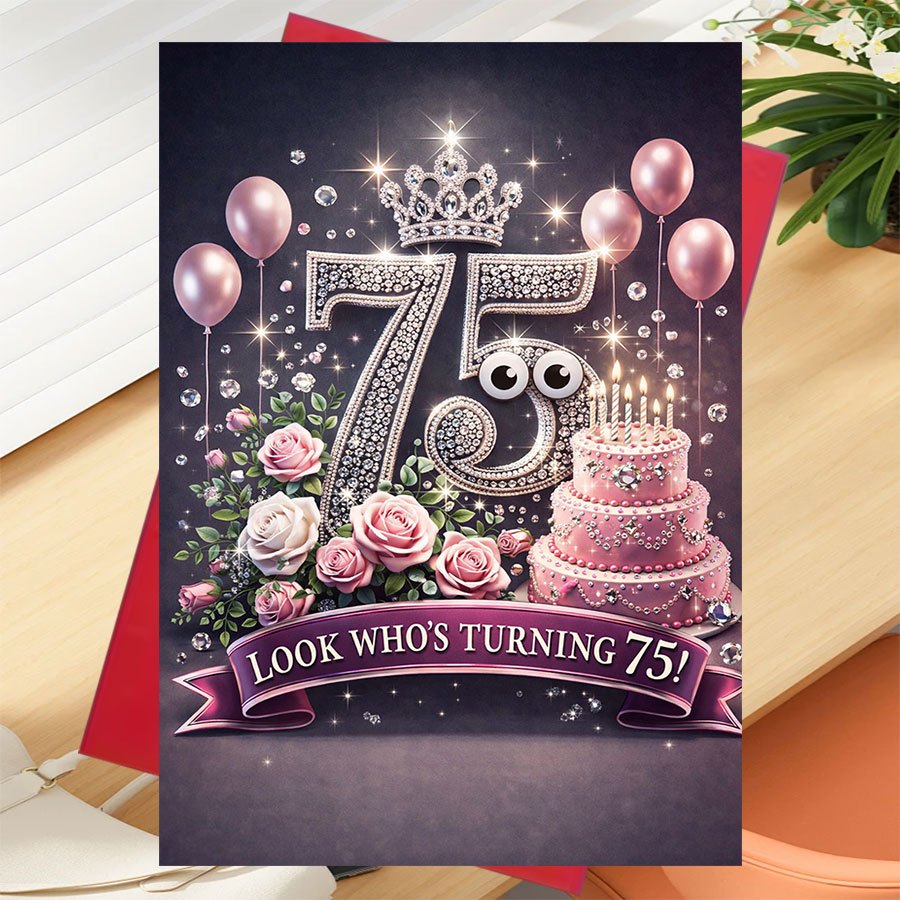 TEMU 1pc 75th Birthday Card, Suitable For - Shiny Number 75 With Cake, Balloons, And Rose Pattern, Blessing Card Designed For 75-year-old Honoree,