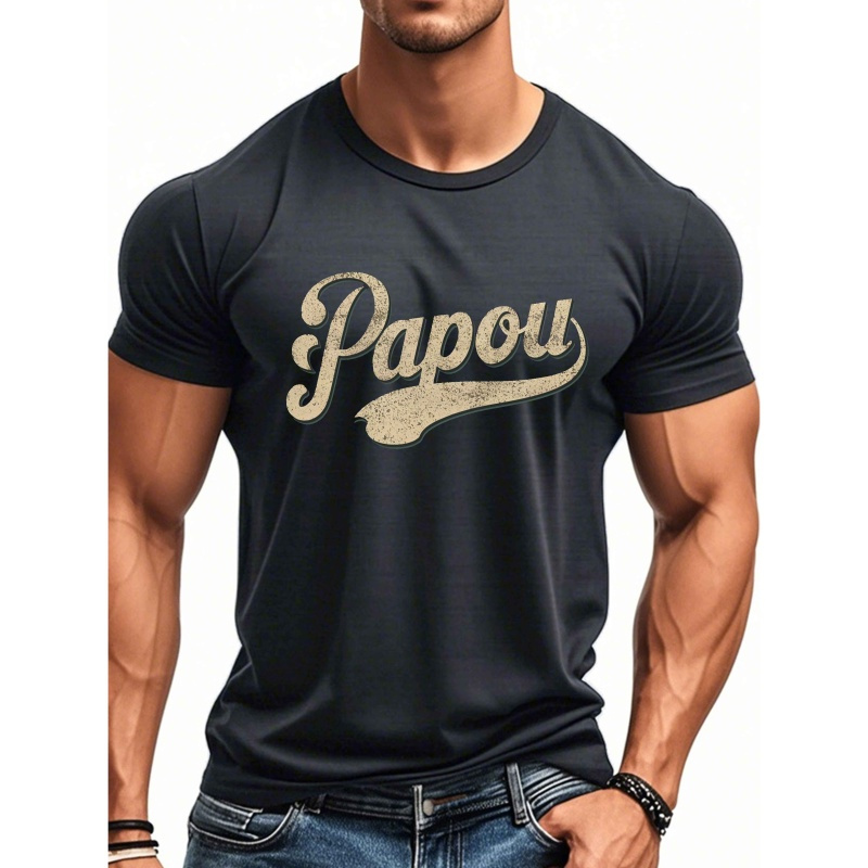 

Papou In Vintage Print Tee Shirt, Tees For Men, Casual Short Sleeve T-shirt For Summer