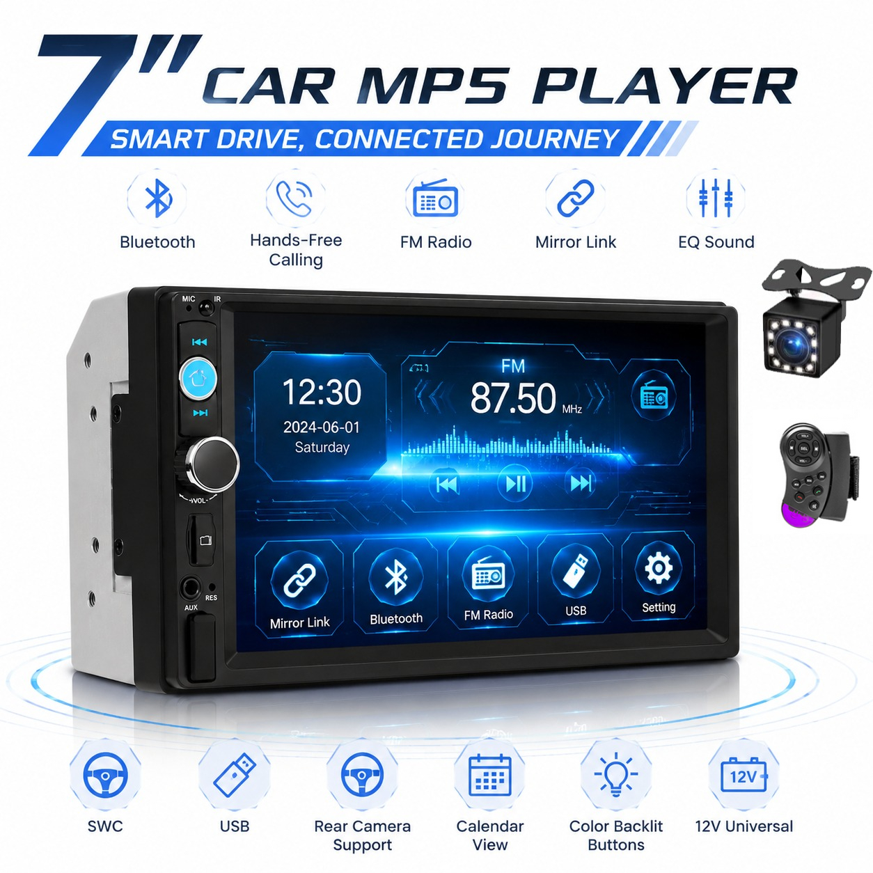 Image of 7 Inch Double Din Car Stereo, Bluetooth Car Radio With Backup Camera, Touch Screen Multimedia Player, Fm Radio, , Steering Wheel Control