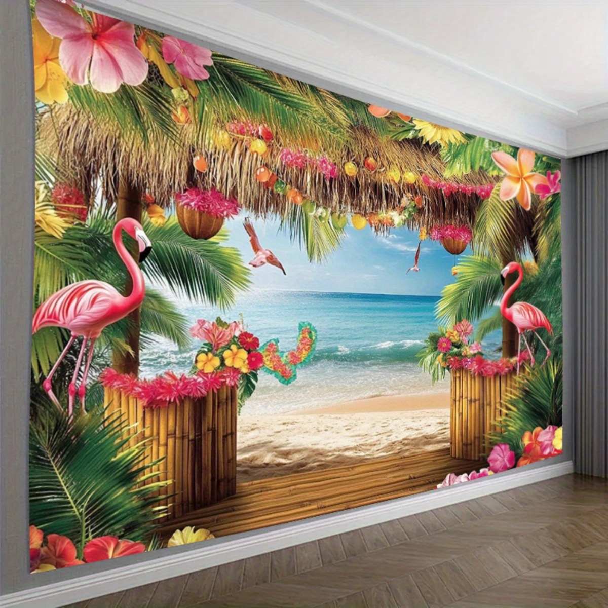 TEMU 1pc Oversized Backdrop Banner - Palm Tree & Flamingo Wall Decoration, Durable Suitable For Photo Studio Background, Wedding, Birthday Decor,
