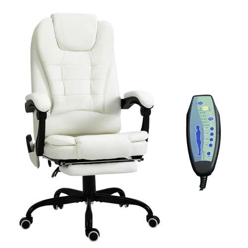 7-in-1 Vibrating Massage Office Chair with Ergonomic High Back, Adjustable Manual Recliner - White Modern Executive Chair with 7-Point Vibration System, Height-Adjustable Armrests & Lumbar for Home & Workplace - Ideal for Prolonged Sitting, & Relaxation, Hard Floor Compatible, Easy-