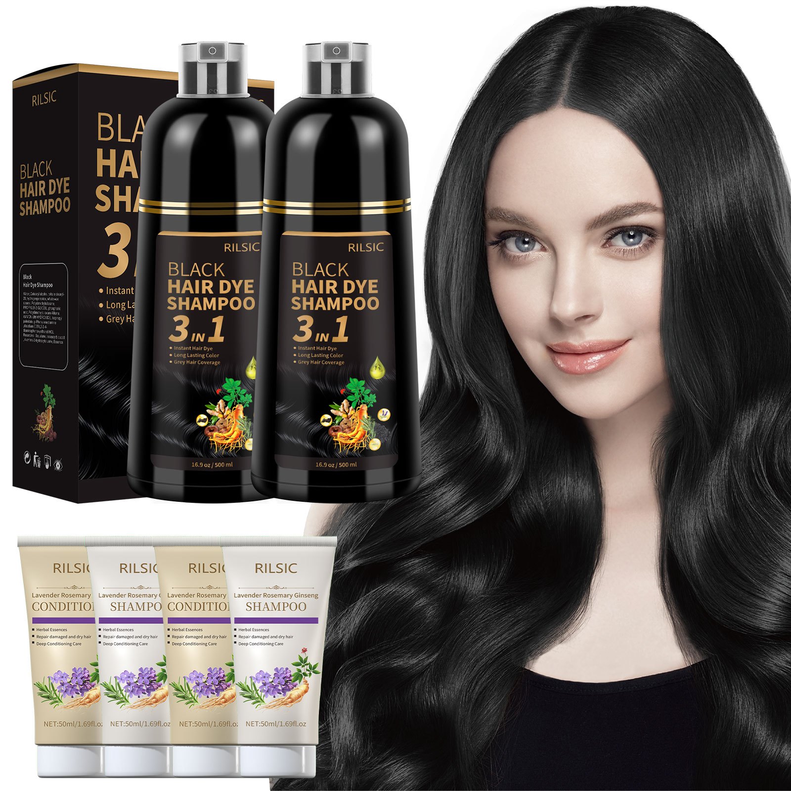 Rilsic 2 Sets Hair Dye Shampoo 3 In 1, Ginseng Hair Color Shampoo Kit, Long-lasting Quick Gray Hair Coverage, Best Christmas Present For Men Women
