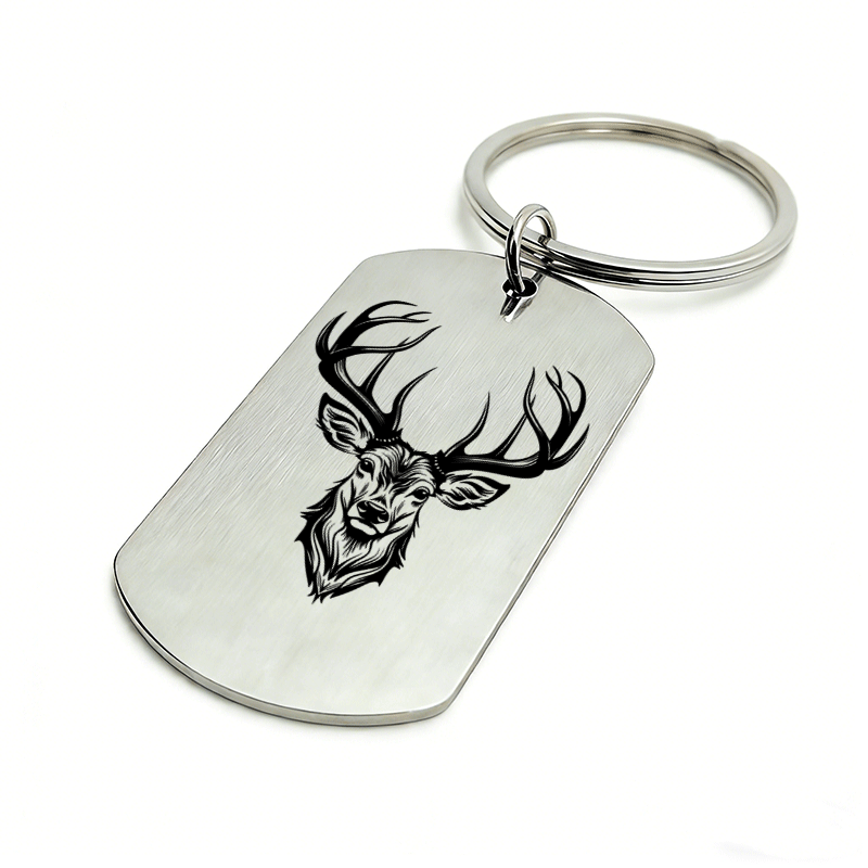 TEMU 1pc Metal Military Dog Tag Style Keychain | High-contrast Line-engraved Stag Head With Large Antlers Pattern Pendant | Fade-resistant, Textured,