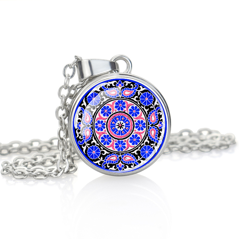 Elegant Single-Sided Button Glass Cabochon Pendant Necklace