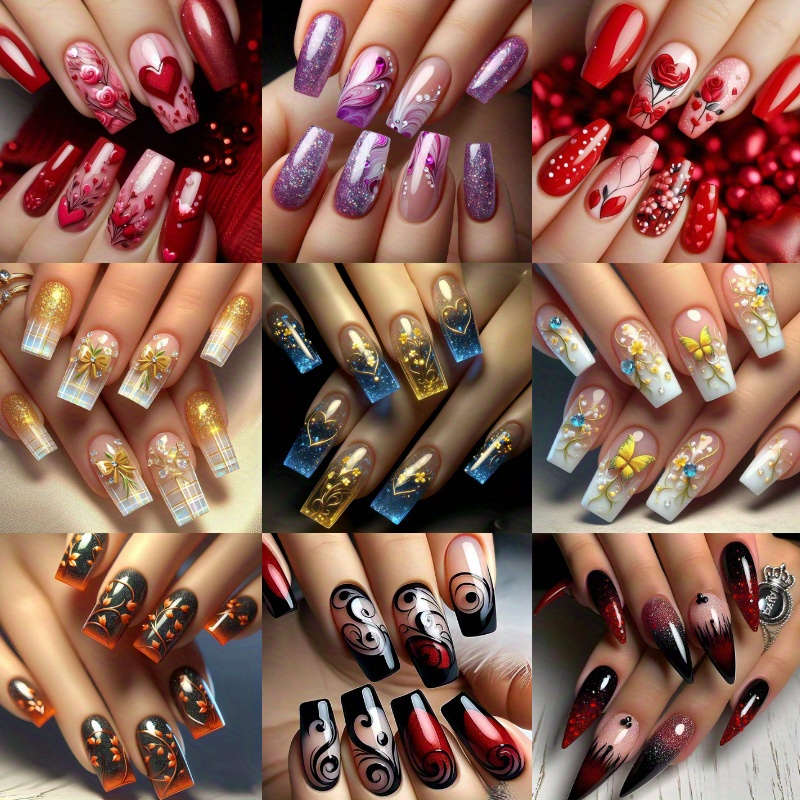 216pcs(9 Pack) Elegant Pink, Golden, And Black Red Flower Patterns, Medium Rectangular Nails Pressed With Nail Glue, Removable Fake Nails, Including Free Jelly Nail Files