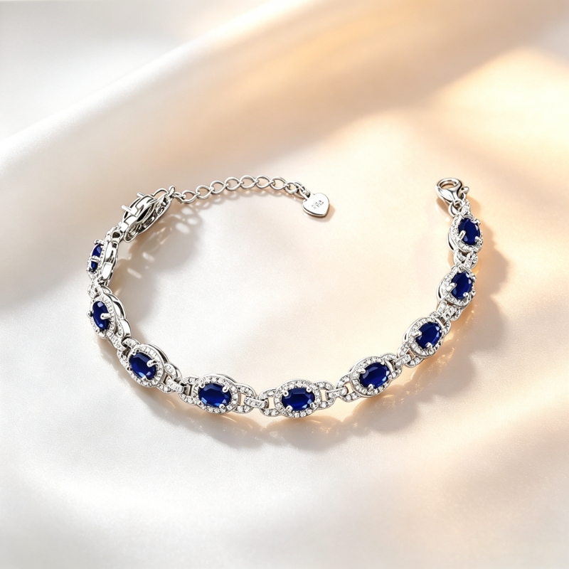 Image of 925 Silvery Oval Blue Synthetic Zirconia Bracelet For Women, Vintage Court Halo Pave Jewelry, Ideal Gift For Valentine's Day Mother's Day Christmas Birthday Anniversary, With Gift Box