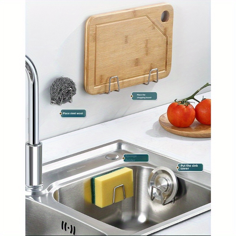 four packs sponge drain rack non punching kitchen sink steel wire ball storage wall mounted scouring cloth storage ornament storage artifact details 2