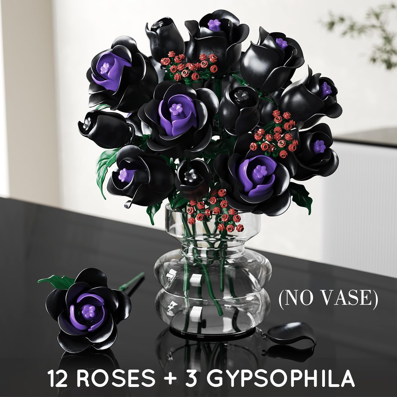 Flower Bouquet Building Set - 15 Black Roses Botanical Collection Building Blocks Artificial Flower Toy, 330pcs Decor For Mom Girlfriend Wife Teens Girls