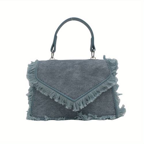 Vintage Crossbody Bag for Women with Frayed Edges & Metal Chain Strap - Blue Distressed Shoulder Handbag, Button Closure Casual Daily Bag, Material