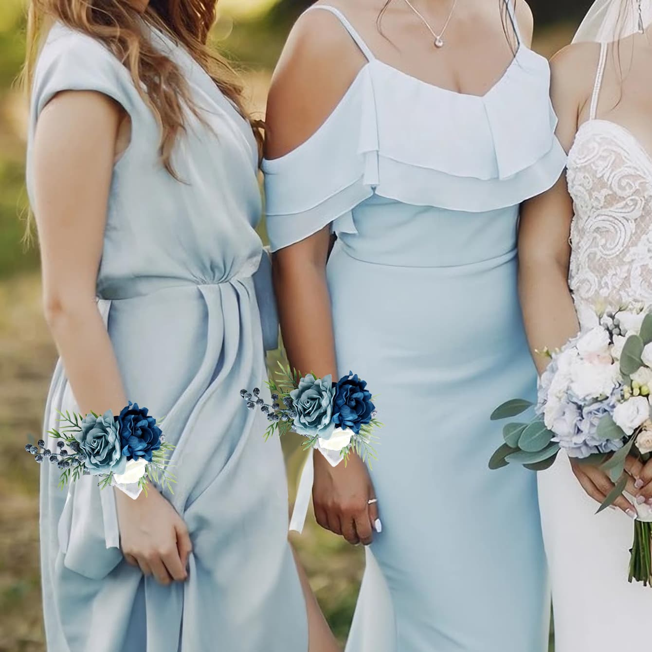 corsage for light blue dress Baby Blue & Champagne Corsage Wrist Bridesmaid – Rinlong Flower main image 0