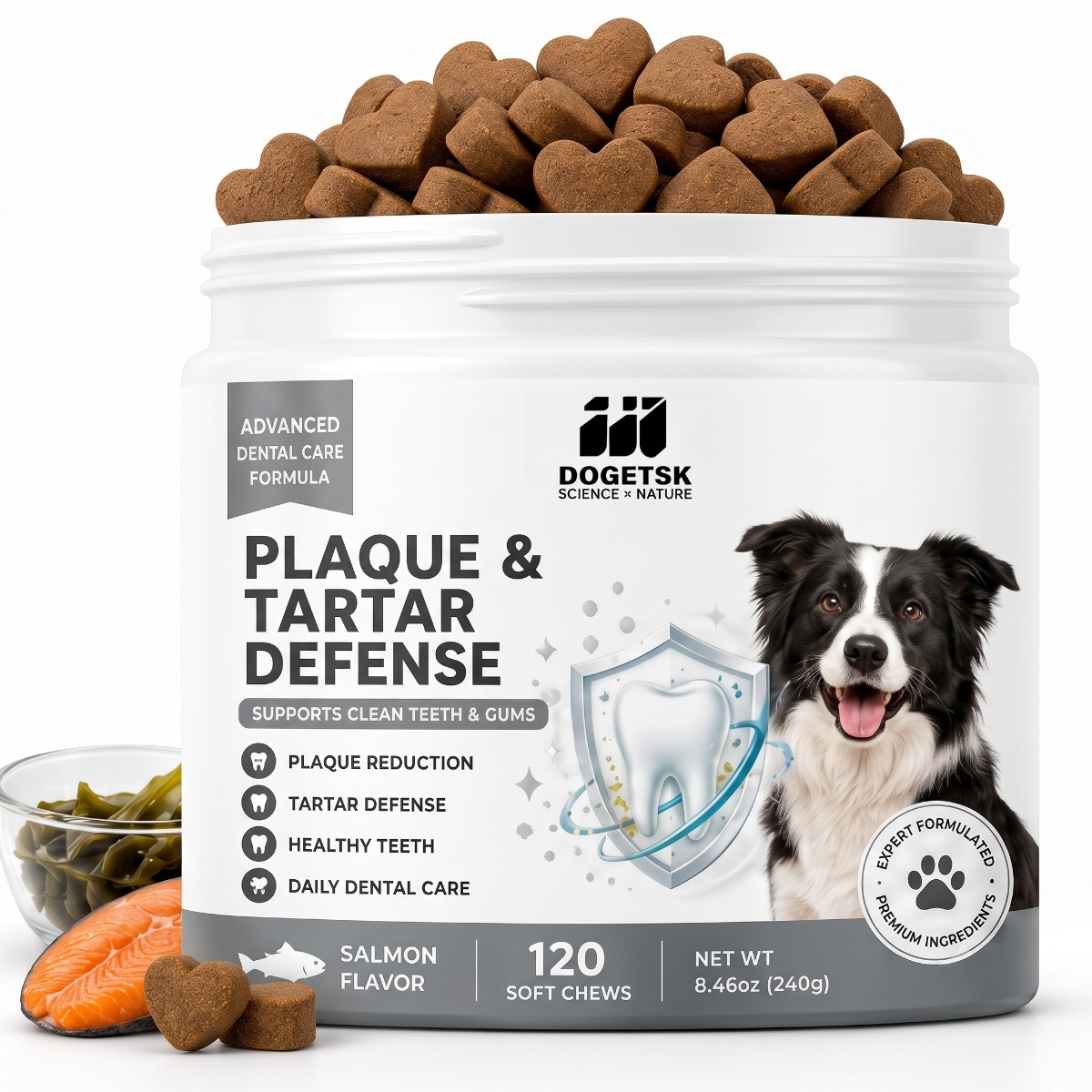 Dogetsk For Dogs - 120 Count, Salmon Flavor, Clean Teeth & Support Gum Health, Daily Oral Care For Small Medium Large Breeds Puppy Adult Senior, 8.46oz (240g)