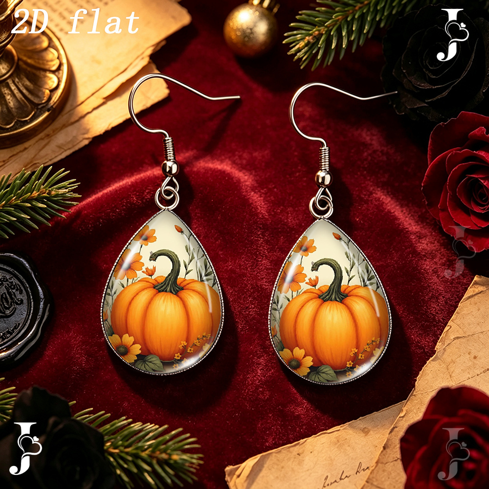 2D Flat Teardrop Dangle Earrings with Autumn Pumpkin Pattern