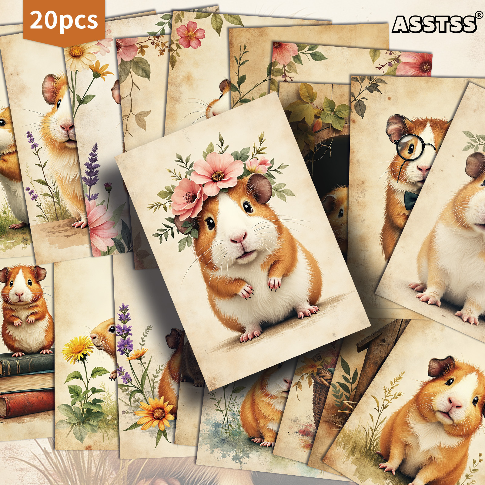 TEMU Lot de 20 cartes postales ASSTSS vintage mignonnes avec cochon d'Inde - 4x6 pouces, papier rétro pour , fournitures de scrapbooking, cartes de