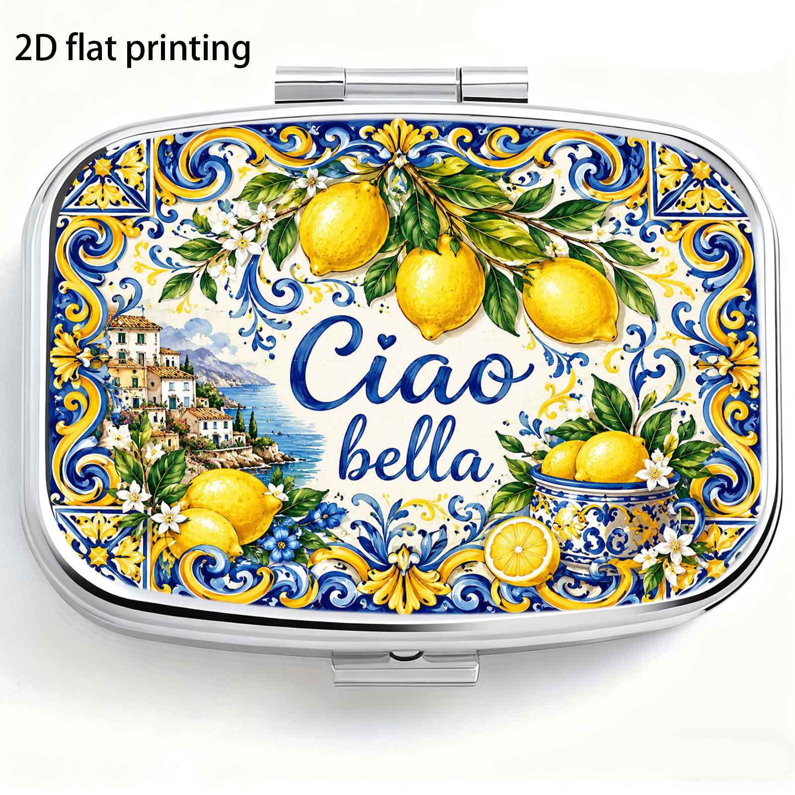 TEMU 1pc, 2d Flat, Blue And Yellow Tile Lemon " Bella" Mediterranean-style Pattern, -compartment Small Pill Organizer, Portable Medicine Storage, Can