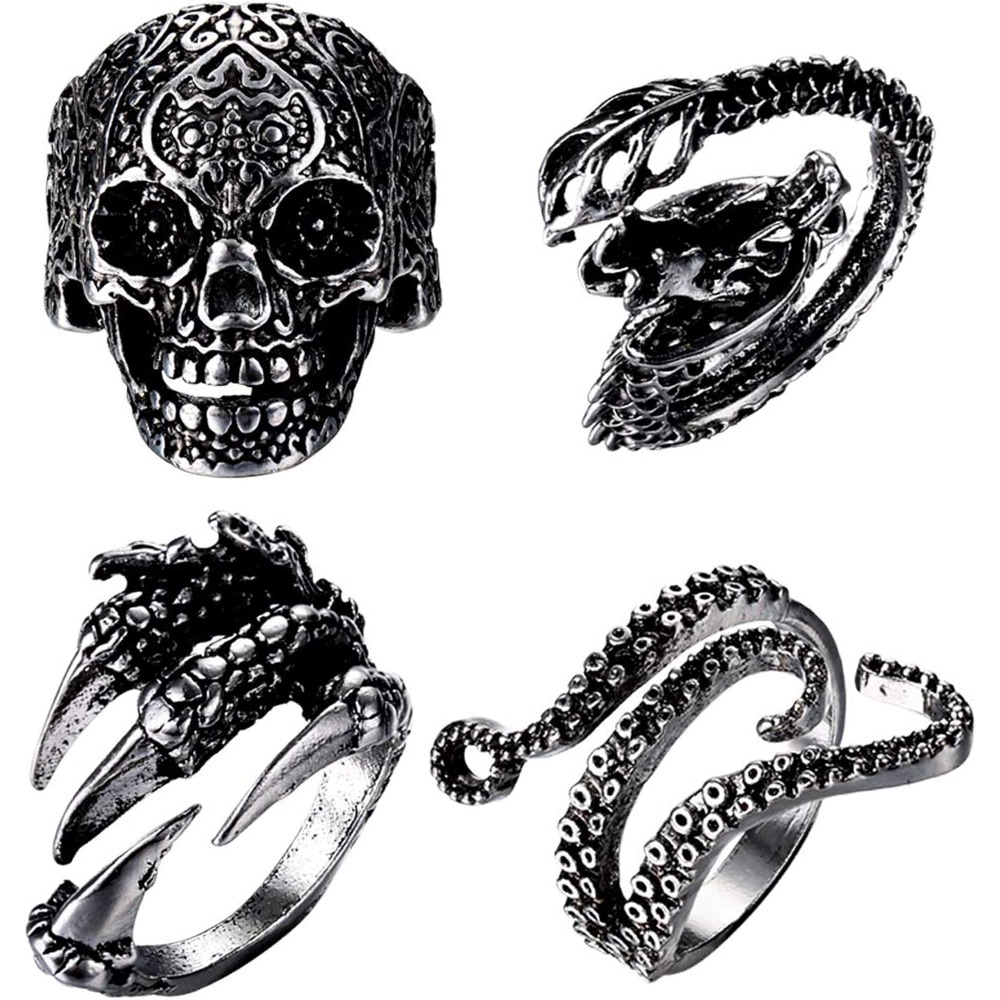 4pcs Vintage Punk Rings Octopus Dragon Snake Skull Ring For Teenager Teenager Adjustable Cool Gothic Ring Set Jewelry For Alternative Fashion, For Teenager, For Teenager