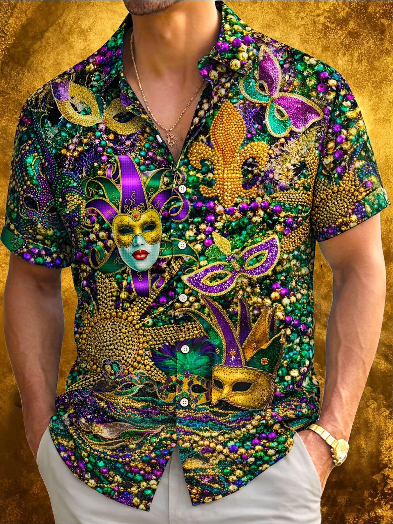 estampado digital - camisa hawaiana de manga corta para hombre con estampado de máscara de mardi gras