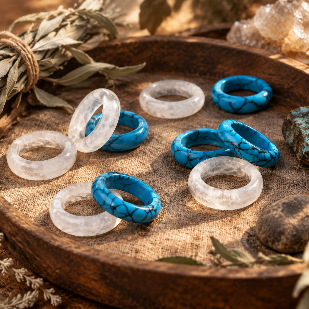 2pcs White Crystal & Deep Blue Turquoise Natural Stone Ring Band Set