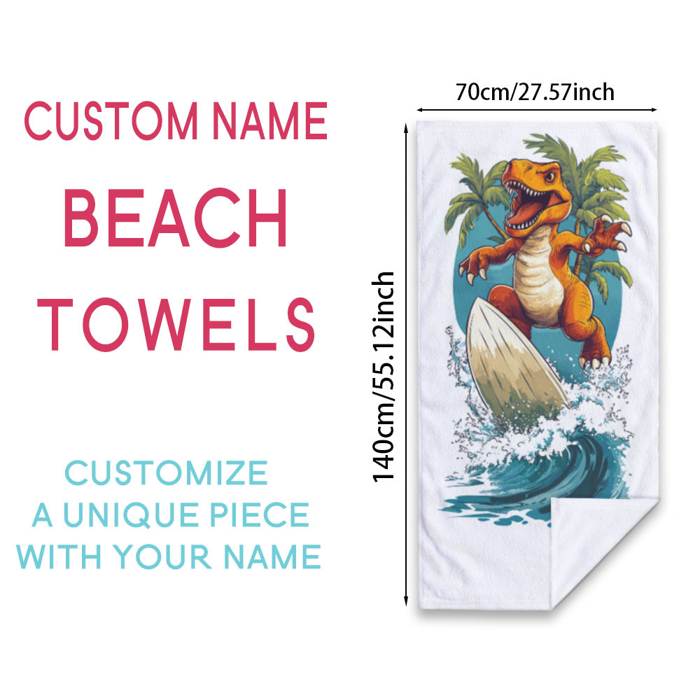 TEMU 1pc Personalized Microfiber Beach Towel - Super Absorbent & Quick-drying, Cute Surfing Dinosaur & Custom Name Design, Lightweight Soft