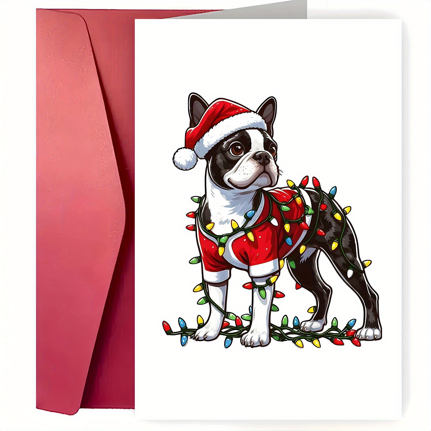 TEMU 1pc Boston Terrier Christmas Greeting Card With Santa Hat - Dog Birthday Or Holiday Card, Perfect Gift For Dog Moms, Boston Terrier Owners, And