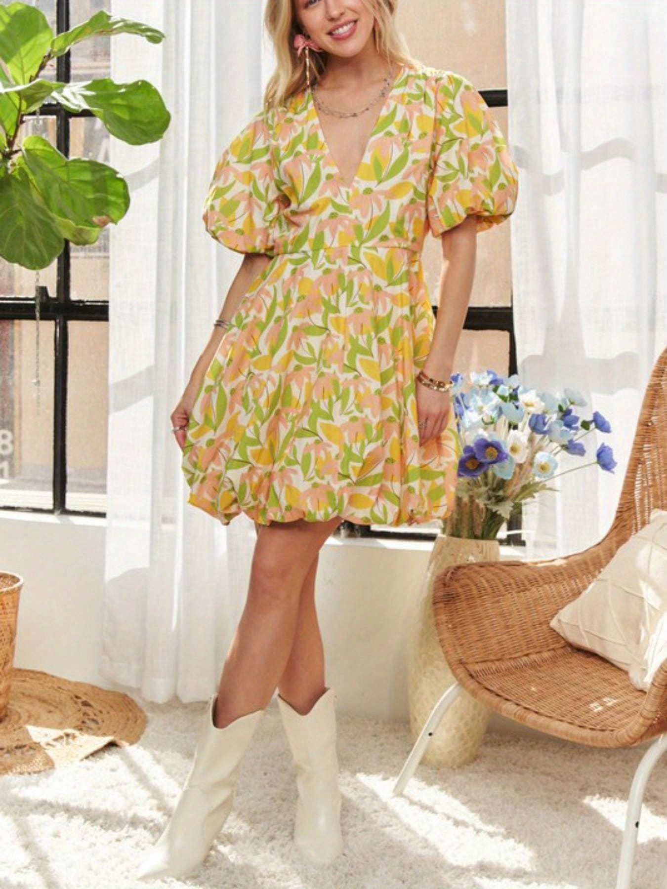 floral neck babydoll dress, casual long sleeve ruffle hem loose dress with  pocket, women's clothing - women's clothing - Temu