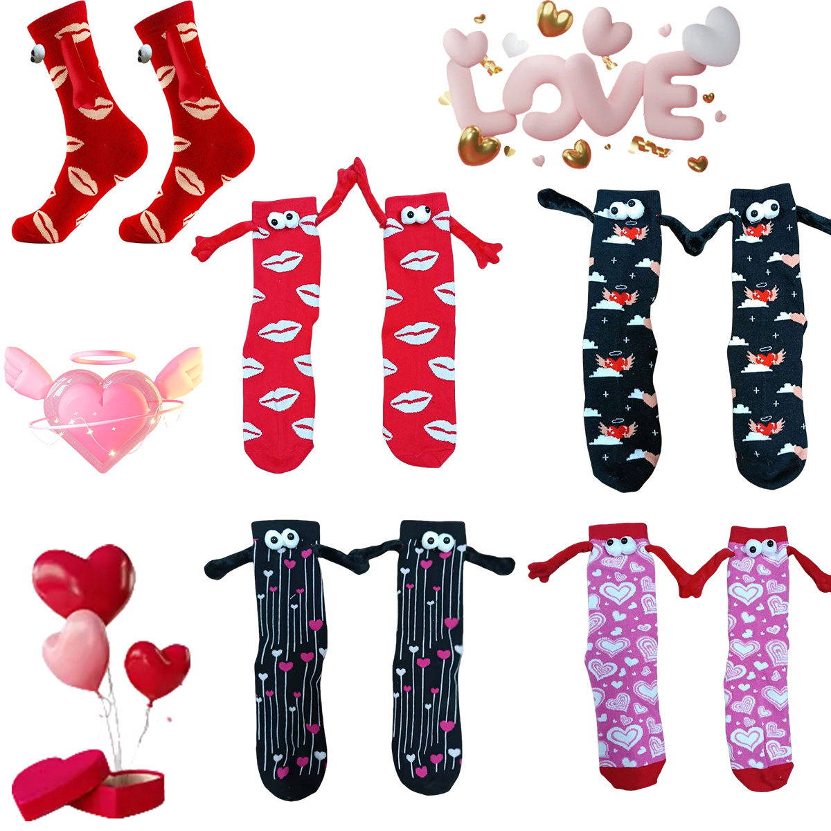 

1 Paire de chaussettes de couple de longueur de genou pour la Saint-Valentin, design cœur de l' et main dans , polyester 80% spandex 20%, tissu tricoté respirant, lavable en machine, de cadeau et