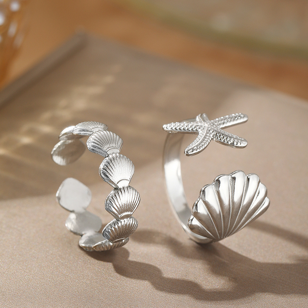 Image of Hot Women's Fashion Personality Ring 2pcs Set Ocean Element Stainless Steel Wind Shell Starfish Adjustable Ring Suitable For Everyday Holiday Everything Holiday Ocean Photo