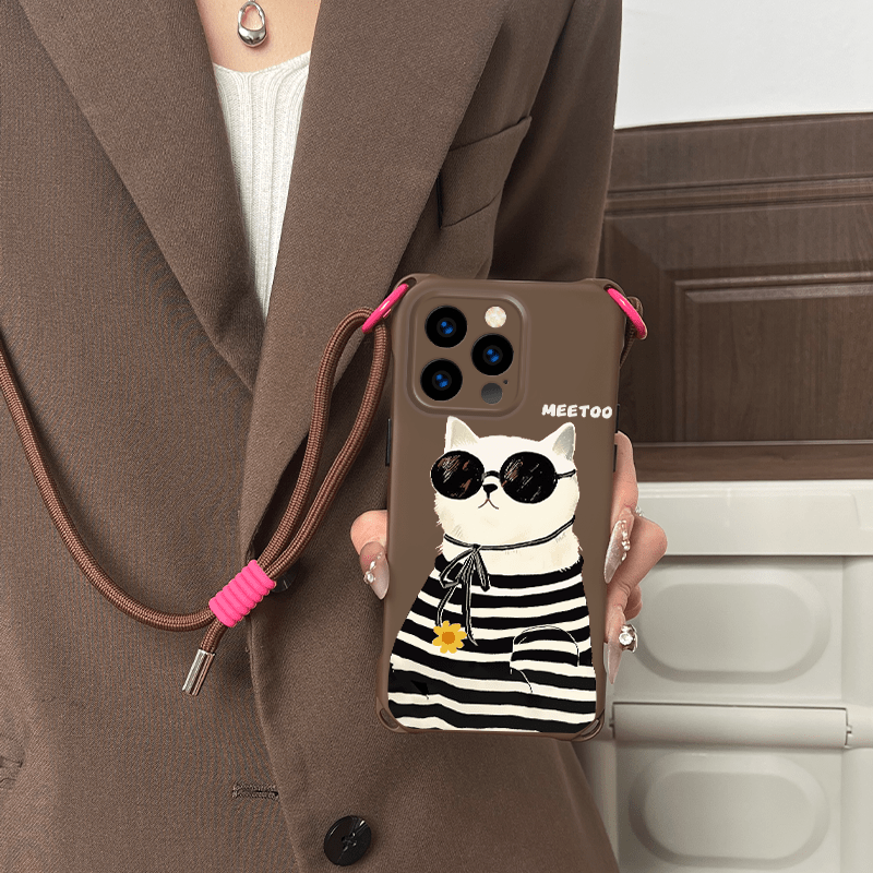 TEMU Phone Case: Fashionable Hollow-out Cat Fashion Glasses Crossbody Phone Case With Four-corner Lanyard, Suitable For Iphone