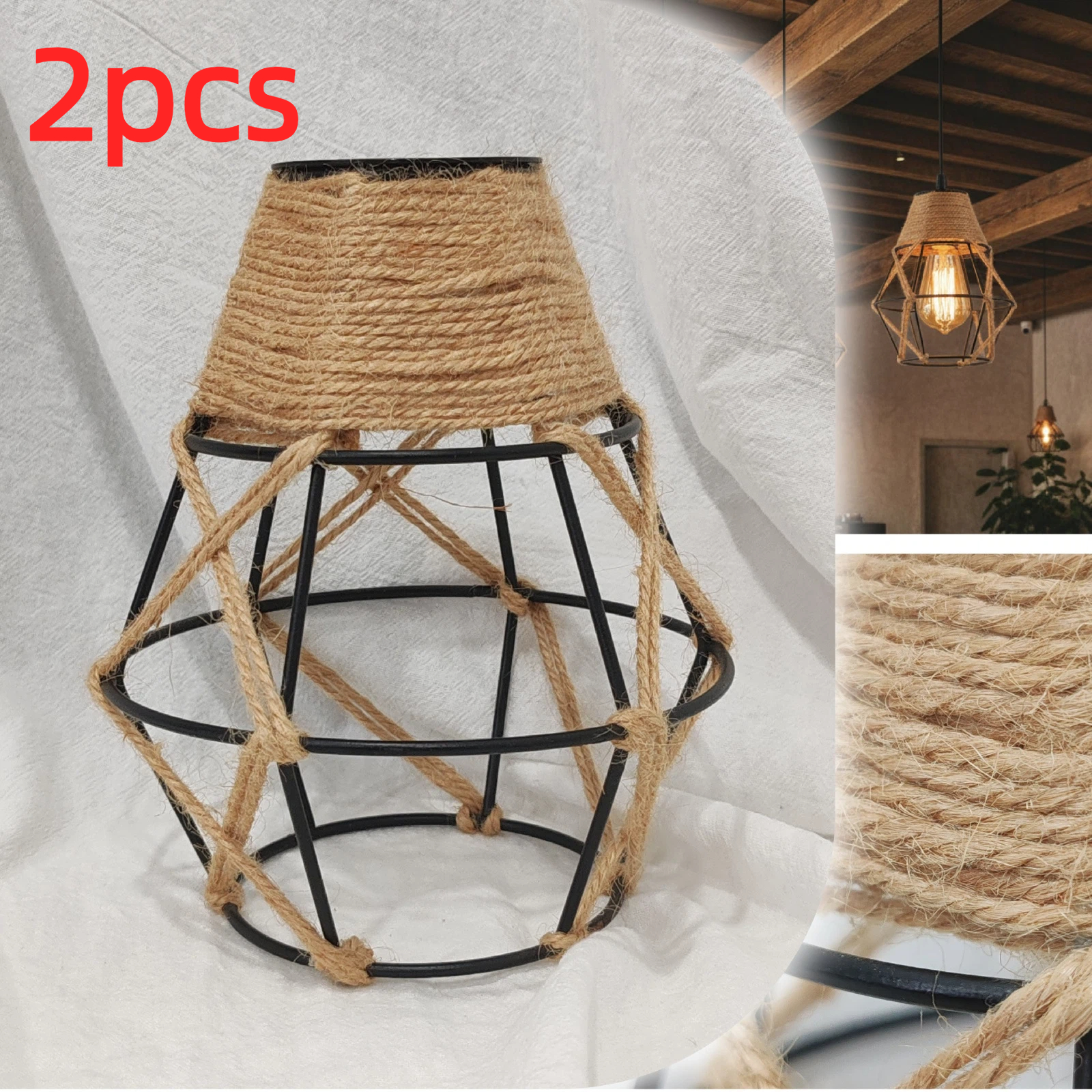 Image of 2pcs Handmade Hemp Rope Woven Iron Lampshade Bohemian Retro Pendant Lampshade For Living Room, Bedroom Balcony, Dining Room, Caf Ambiance Decor Lampshade