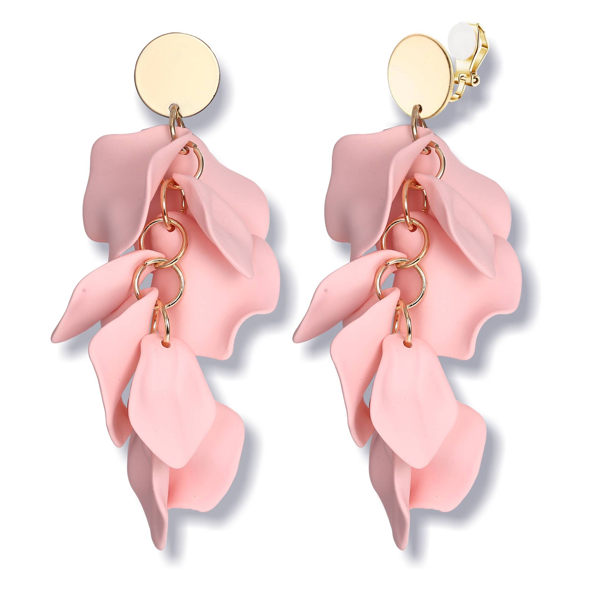 A Pair Of Dangle Clip-on Earrings Featuring Rose Petals, Made Of Acrylic, In Red, White, Black, Hot Pink, And Orange, Perfect As A Floral Statement For Women