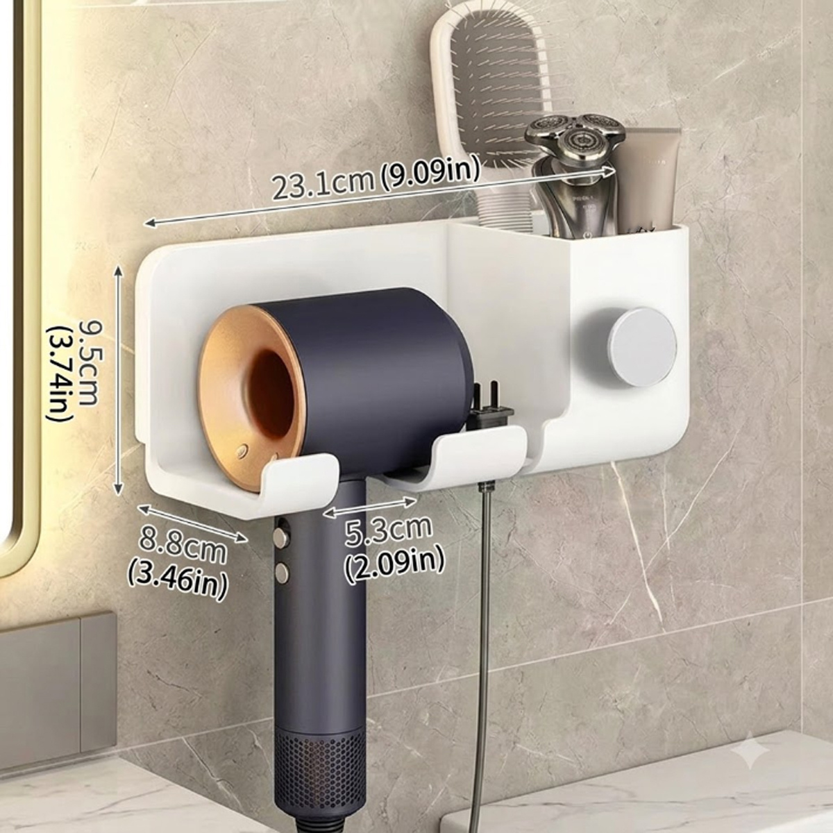 TEMU Support mural adhésif pour sèche-cheveux, étagère de rangement avec porte-gobelet organisateur et passe-câbles, organisateur d'outils mural pour