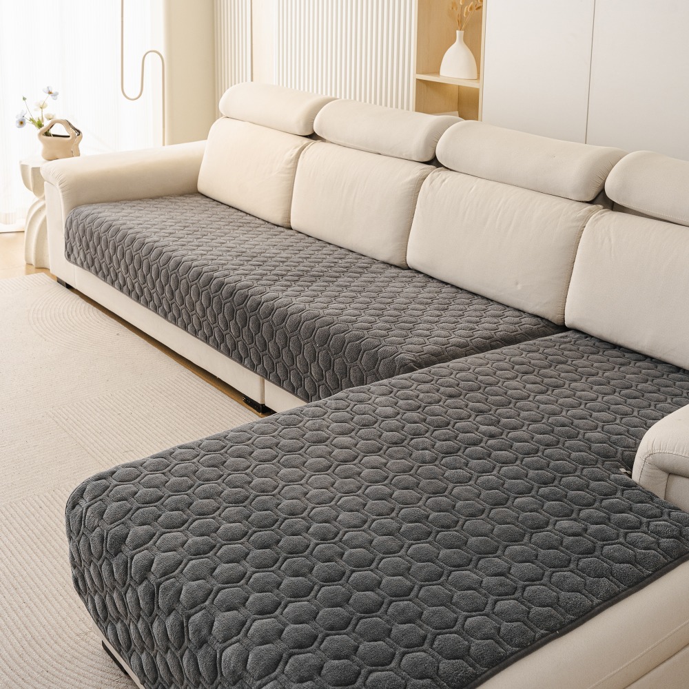 TEMU Flannel Hexagon 2pcs Bohemian Plush Tufted Sofa Covers - Non-slip Thickened Plush Cushion Covers, Machine Washable Sofa Protectors For Pets,